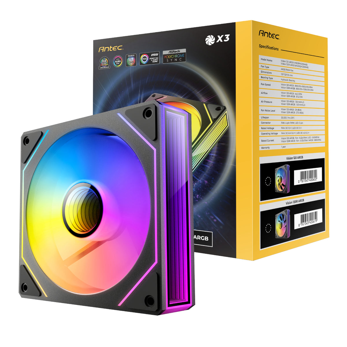 Antec VISION PWM 120mm ARGB Reverse Infinity Mirror Case Fan 3 Pack